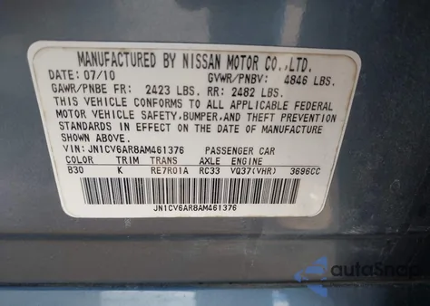 2010 Infiniti G37X z USA, uszkodzony, nr VIN JN1CV6AR8AM461376